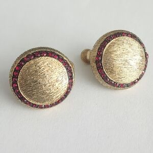 Vintage Vendome Brush‎ Gold Tone  And Ruby Crystals Clip-on Earrings